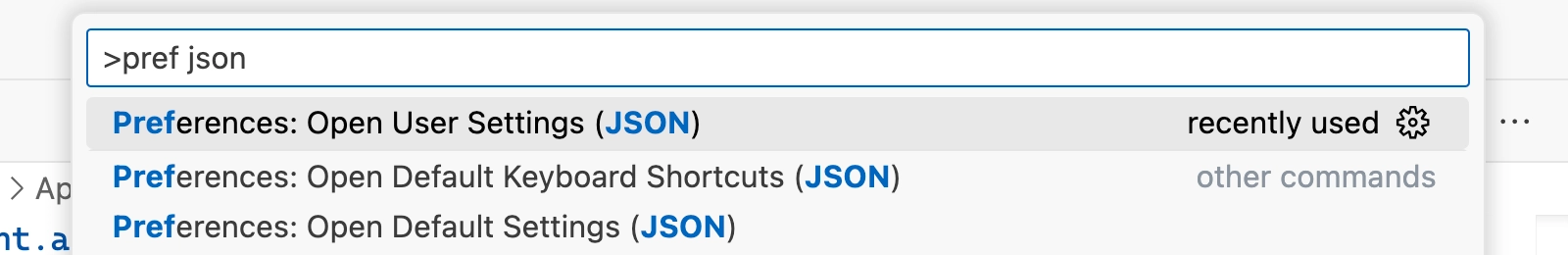VS Code user settings in command palette